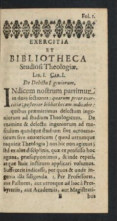 Exercitia Et Bibliotheca Studiosi Theologiae. Lib. I.