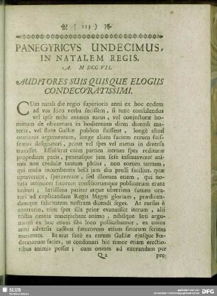 Panegyricus Undecimus, In Natalem Regis. A. MDCCVII.