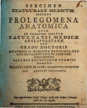 Specimen Inaugurale Medicum Sistens Prolegomena Anatomica
