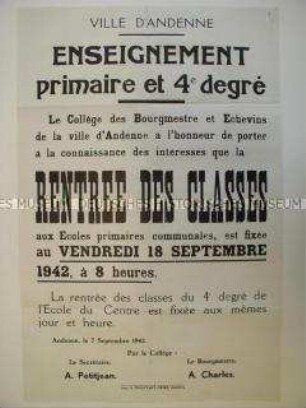 Maueranschlag für das besetzte Belgien mit der Ankündigung des Wiederbeginns des Schulunterrichts am 18. September 1942 (einsprachig)