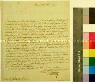 Brief von A. Masséna mit Unterschrift an den General Fririon über die schnelle Verwirklichung des Vertrages von Wien Wien, 28. Okt. 1809