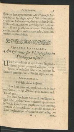 Quaestio Generalis, An & quis sit Philosophiae in Theologia usus?