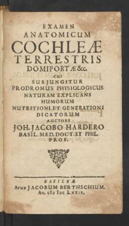 Joh. Jacobi Harderi, Basil. M.D. & Phil. P. Examen Anatomicum Cochleae Terrestris, Domiportae