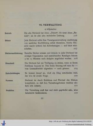 VI. Verwaltung der Bücherei.