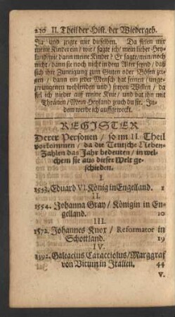 Register Derer Personen / so im II. Theil vorkommen / da die Teutsche Neben-Zahlen das Jahr bedeuten / in welchem sie aus dieser Welt geschieden