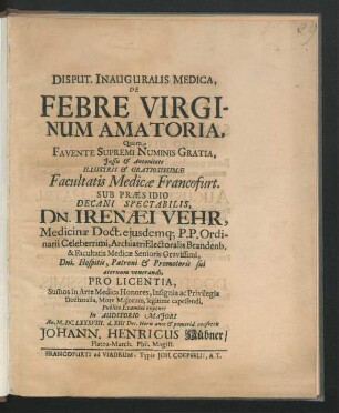 Disput. Inauguralis Medica, De Febre Virginum Amatoria