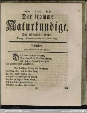 Der fromme Naturkundige. Das sechszehende Stück. Dantzig, Sonnabends, den 11. Octobr. 1738