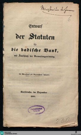 Entwurf der Statuten für die Badische Bank : mit Anschluß der Verwaltungsordnung