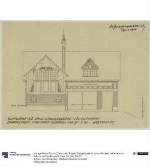 Darmstadt, Projekt Stallgebäude für Julius Glückert, dritte Version, Aufriss der Westfassade
