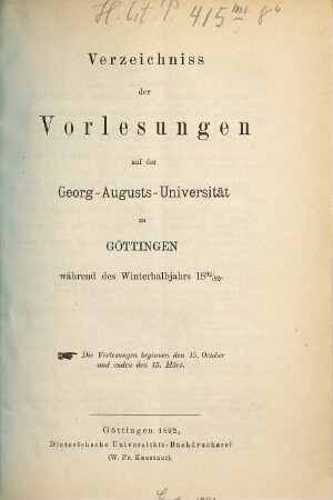 Verzeichnis der Vorlesungen. 1892/93. WH