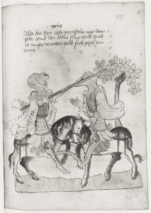 Keie schlägt Parcival mit der Lanze an den Kopf, Blatt 207r