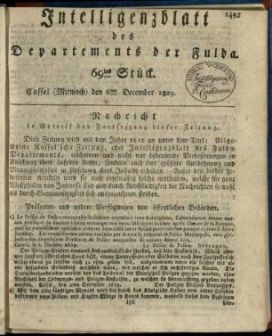 69tes Stueck, (Mitwoch) den 6ten December 1809
