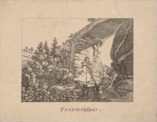 Das Prebischtor (Pravčická brána) bei Herrnskretschen (heute Hřensko, Tschechien) in der Böhmischen Schweiz, aus Andenken an die Sächsische Schweiz von C. A. Richter 1820