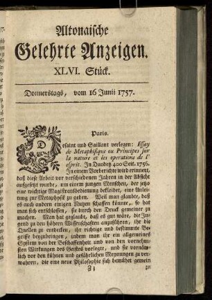 XLVI. Stück. Donnerstags, vom 16 Junii 1757