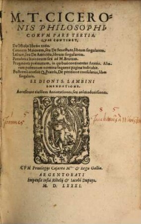 M. T. Ciceronis Philosophicorvm Librorvm Pars ..., 3. Philosophicorvm Pars ...