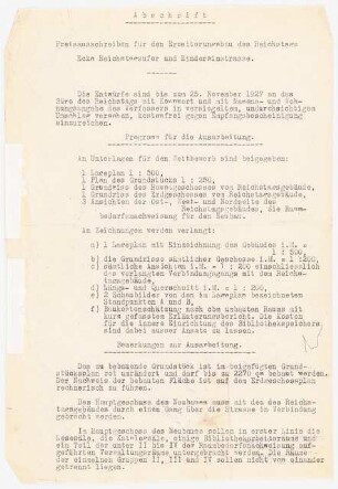 Reichstag, Berlin Erweiterung: Preisausschreiben für den Erweiterungsbau des Reichstages- Abschrift, 3 S.