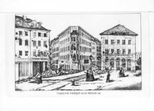 Eingang in die Scheffelgasse von der Wallstraße aus : Steckmest, C.: Eingang in die Scheffelgasse von der Wallstraße aus. Druck nach Lithographie; 130 x 220 mm. 1849. Aus: Krause, Carl: Der Aufruhr in Dresden am 3., 4., 5., 6., 7., 8. und 9. Mai 1849 nach amtlichen Quellen. Dresden, 1849. Dresden: SLUB Hist.Sax.G.136,39.m