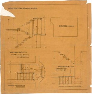 Billing, Hermann; Karlsruhe, Eisenlohrstr. / Bunsenstr. 22; Haus Muser - Sockeltreppe (Schnitt, Stufenprofil); Kellertreppe (Grundriss, Schnitt); Waschküchentreppe (Grundriss, Schnitt)
