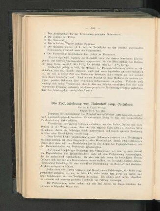 Die Probeziehung von Holzstoff resp. Cellulose.