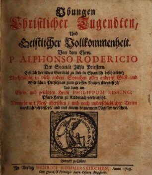 Ubungen Christlicher Tugendten, Und Geistlicher Vollkommenheit, 1