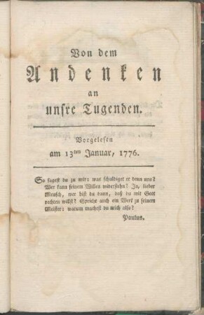 Von dem Andenken an unsre Tugenden : Vorgelesen am 13ten Januar, 1776.