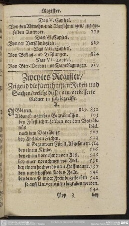 Zweytes Register, Zeigend die fürnehmsten Reden und Sachen, welche dieser neu-verbesserter Redner in sich begreifft