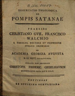 Dissertatio Theologica De Pompis Satanae