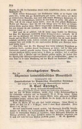 Herabgesetzter Preis. Von der Allgemeinen landwirthschaftlichen Monatsschrift ...