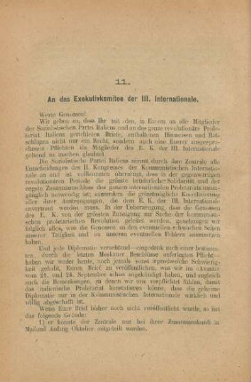 11. An das Exekutivkomitee der III. Internationale.