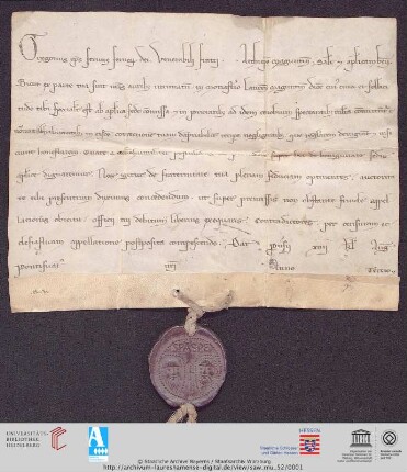 Urkunde : Papst Gregor IX. überträgt Kloster Lorsch dem Mainzer Erzbischof