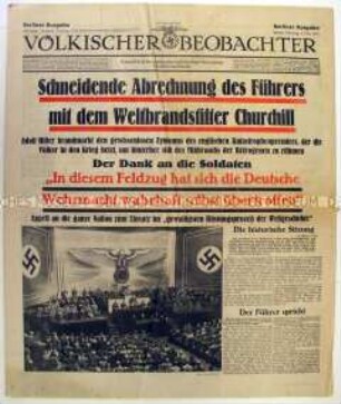 Tageszeitung "Völkischer Beobachter" zur Reichstags-Rede Hitlers zum Abschluss des Feldzuges auf dem Balkan mit heftigen Angriffen gegen England