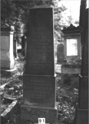 Grabstein 91 (Index: 99898863) Material: Sandstein Zustand: leicht verwittert, Sockel stark verwittert Maße HxBxT: 136x48x24 cm Beschreibung: aufgesockelte Stele mit eingezogenem Rundbogenabschluss, unterer Sockel felsartig gearbeitet: Grabstein 91