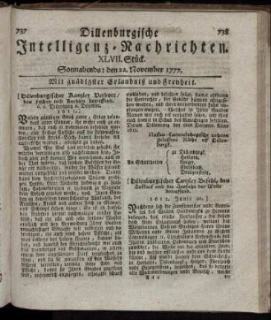XLVII. Stück. Sonnabends: den 22. November 1777.