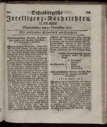XLVII. Stück. Sonnabends: den 22. November 1777.