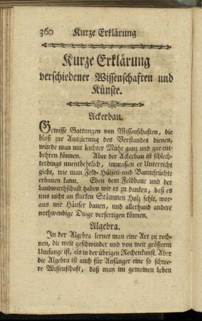 Kurze Erklärung verschiedener Wissenschaften und Künste.
