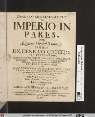 Disputatio Iuris Gentium Publici De Imperio In Pares