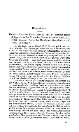 Reincke, Heinrich :: Kaiser Karl IV. und die deutsche Hanse, (Pfingstblätter des Hansischen Geschichtsvereins, 22) : Lübeck, Verl. des Hansischen Geschichtsvereins, 1931