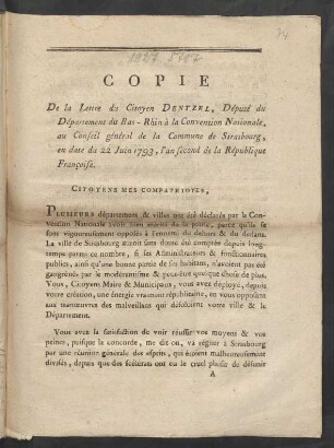 Copie De la Lettre du Citoyen Dentzel ...