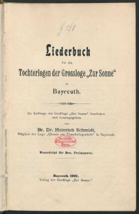 Liederbuch für die Tochterlogen der Grossloge "Zur Sonne" in Bayreuth