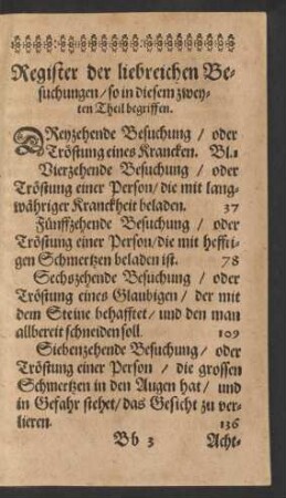 Register der liebreichen Besuchungen/ so in diesem zweyten Theil begriffen.