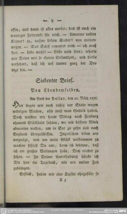 Siebenter Brief. Von Ebendemselben : Am Bord der Pallas, den 21. März 1776