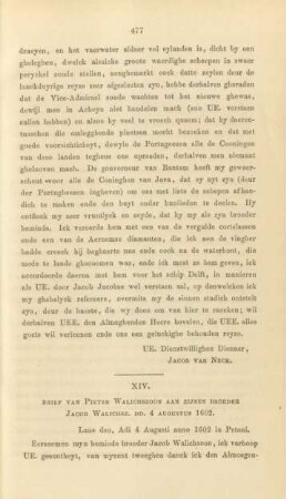XIV. Brief van Pieter Walichszoon aan zijner broeder Jacob Walichsz. ...
