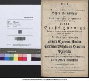 Ode bey der ... : Glückwunschgedicht zur Vermählung von Ernst II. Herzog von Sachsen-Gotha-Altenburg mit Charlotte, Tochter des Herzogs Anton Ulrich von Sachsen-Meiningen am 21.3.1769