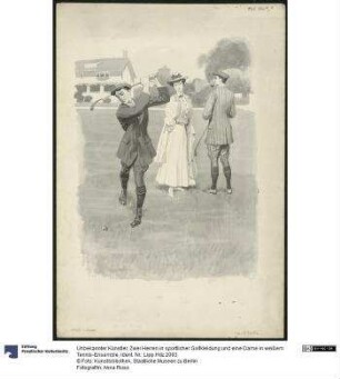 Zwei Herren in sportlicher Golfkleidung und eine Dame in weißem Tennis-Ensemble