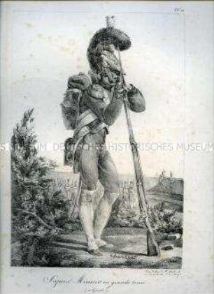 Uniformdarstellung, Sappeur-Mineur in großer Uniform, Frankreich, 1809. Tafel Nr. 13 aus: Recueil de Costumes de l'Ex-Garde.