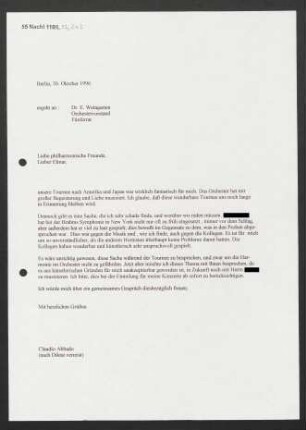 Brief an Elmar Weingarten an Berliner Philharmonisches Orchester. Orchestervorstand, Berliner Philharmonisches Orchester. Fünferrat, 30.10.1996