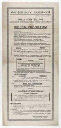 Variété zum Bubikopf. Berlin. Programmankündigung der Gala-Vorstellung des Variété zum Bubikopf, 28. Februar 1925.