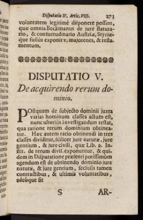 273-322, Disputatio V. De acquirendo rerum Dominio.