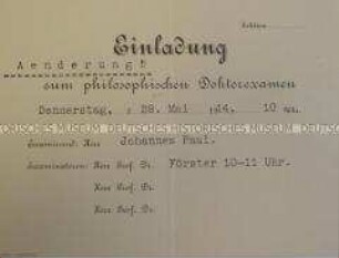 Einladungskarte zum philosophischen Doktorexamen für Johannes Paul; Leipzig, 28. Mai 1914