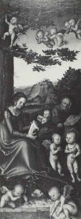 Die Heilige Familie mit Engeln (linker Flügel eines kleinen Altars, Mitteltafel verloren)